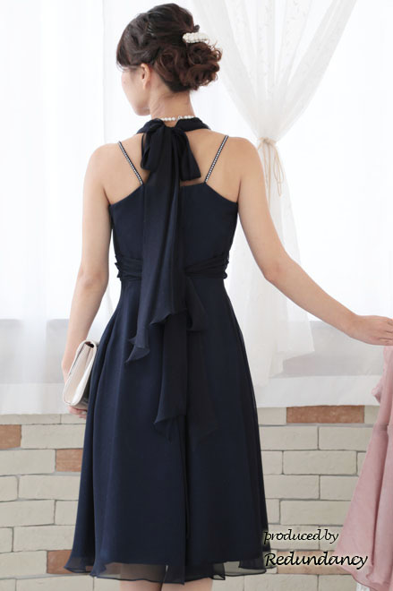 ネイビーのビジューストラップラメドレス