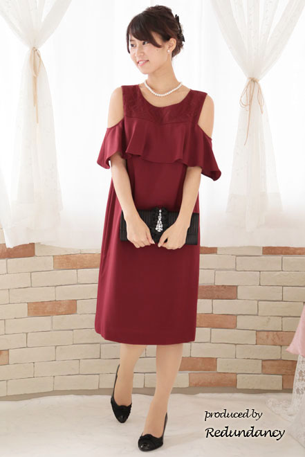 レッドのオープンショルダー2wayドレス
