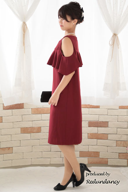 レッドのオープンショルダー2wayドレス
