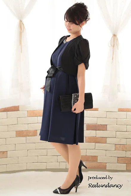 ネイビーのビジューネック2wayタックドレスコーディネートセット