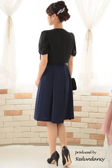 ネイビーのビジューネック2wayタックドレスコーディネートセット