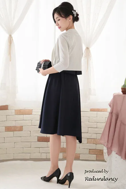 ネイビーのツーピース風アシンメトリーマットドレスコーディネートセット