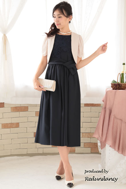 ネイビーの変形リボンロングドレスコーディネートセット