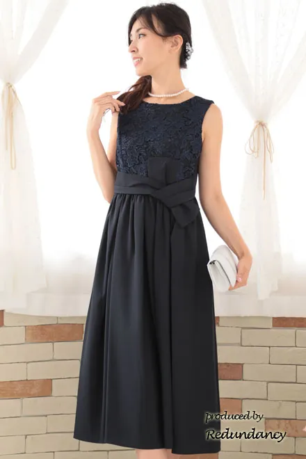 ネイビーの変形リボンロングドレスコーディネートセット