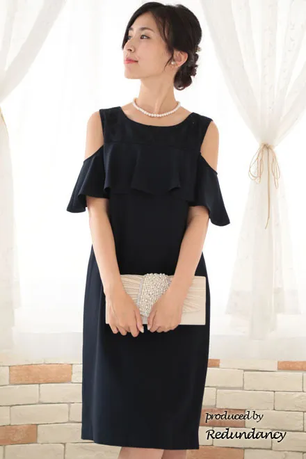 ネイビーのオープンショルダー2wayドレス