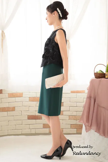 ブラック×グリーンのツーピース風スパンコール刺繍ドレス