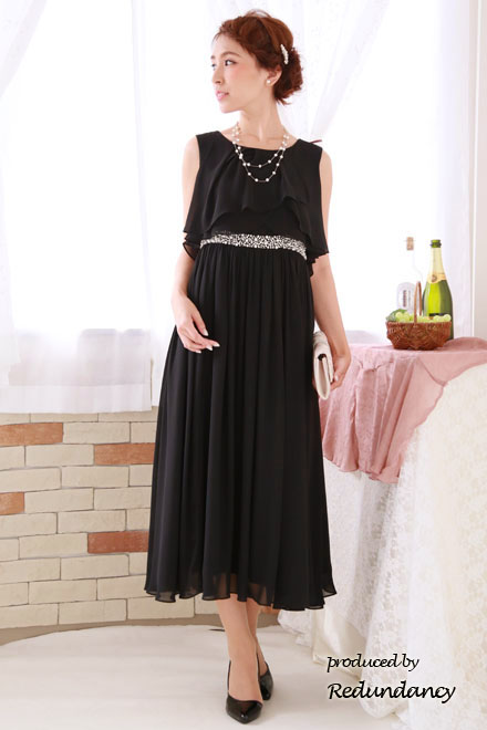 ブラックのシフォン生地×ウエストビジューロングドレス