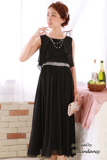 ブラックのシフォン生地×ウエストビジューロングドレス
