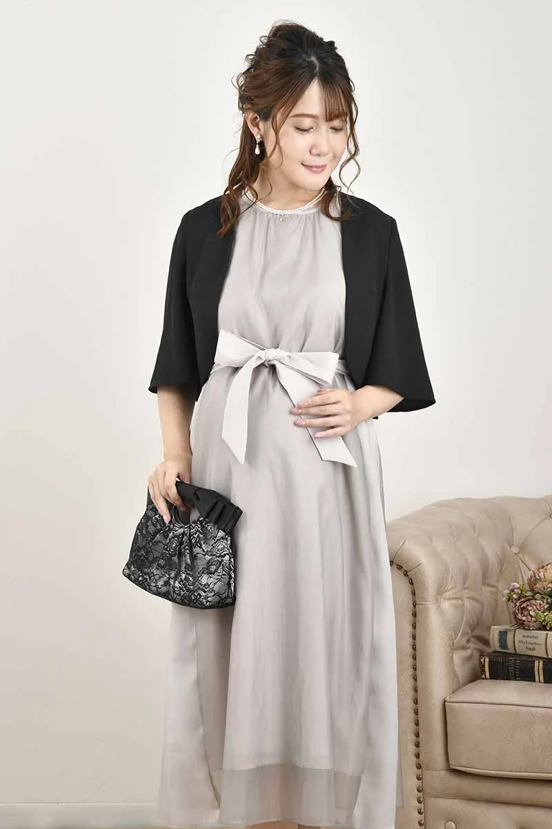 シルバーグレーのサイド切替えシフォンドレスコーディネートセット