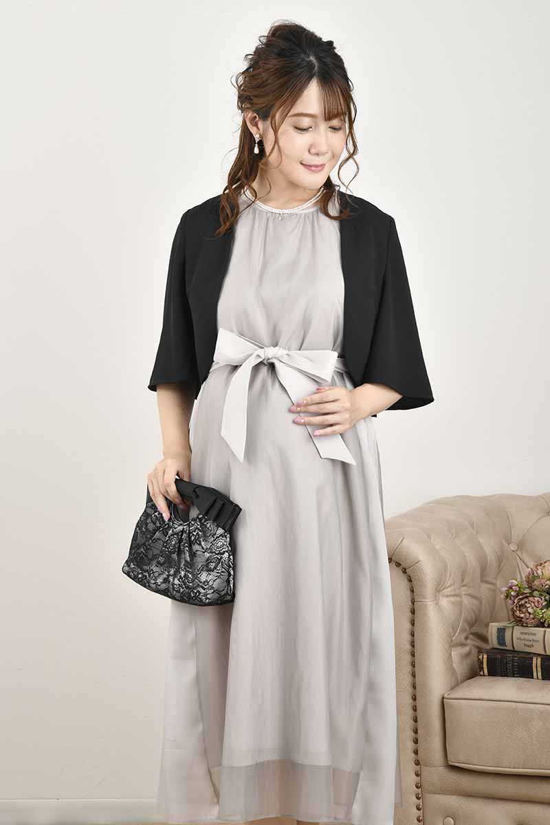 シルバーグレーのサイド切替えシフォンドレスコーディネートセット