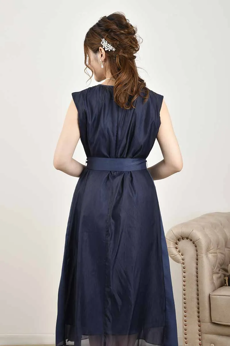 ネイビーのサイド切替えシフォンドレスコーディネートセット
