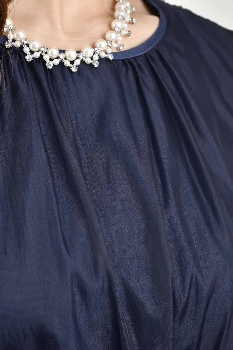 ネイビーのサイド切替えシフォンドレスコーディネートセット