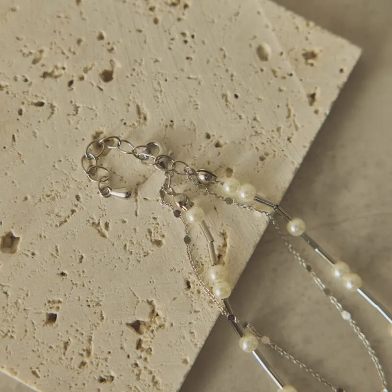 パールとシルバーチェーンの2連ブレスレット