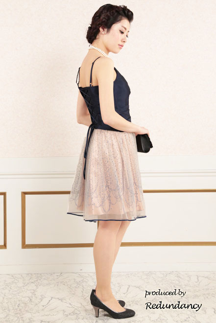 ネイビー×ピンクの背中編み上げスパンコールドレス