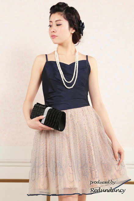 ネイビー×ピンクの背中編み上げスパンコールドレス