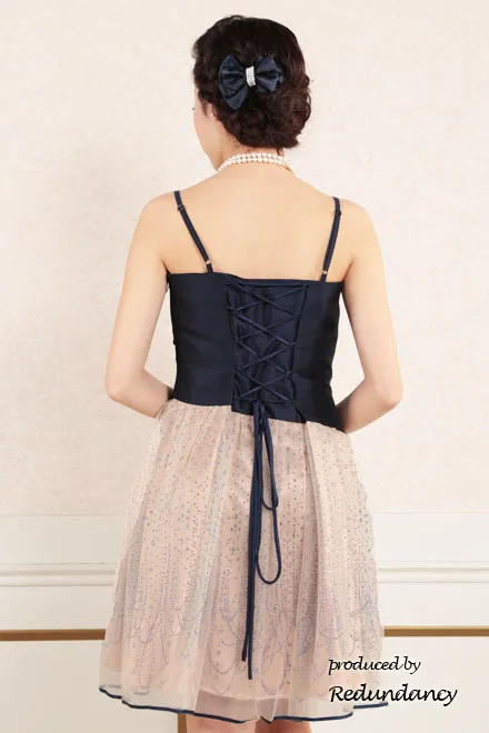 ネイビー×ピンクの背中編み上げスパンコールドレス