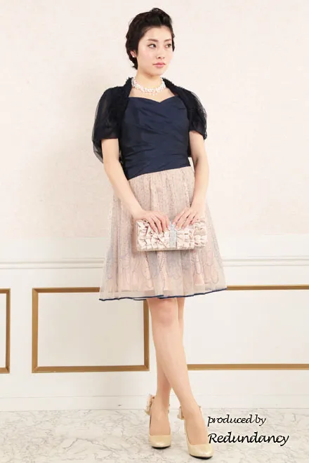 ネイビー×ピンクの背中編み上げスパンコールドレス