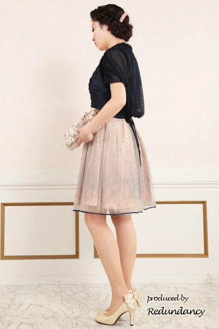 ネイビー×ピンクの背中編み上げスパンコールドレス