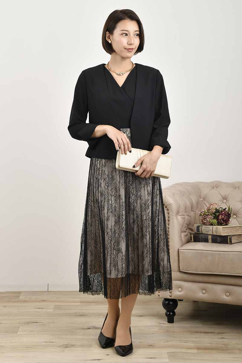 ブラックのレースプリーツVネックドレスコーディネートセット
