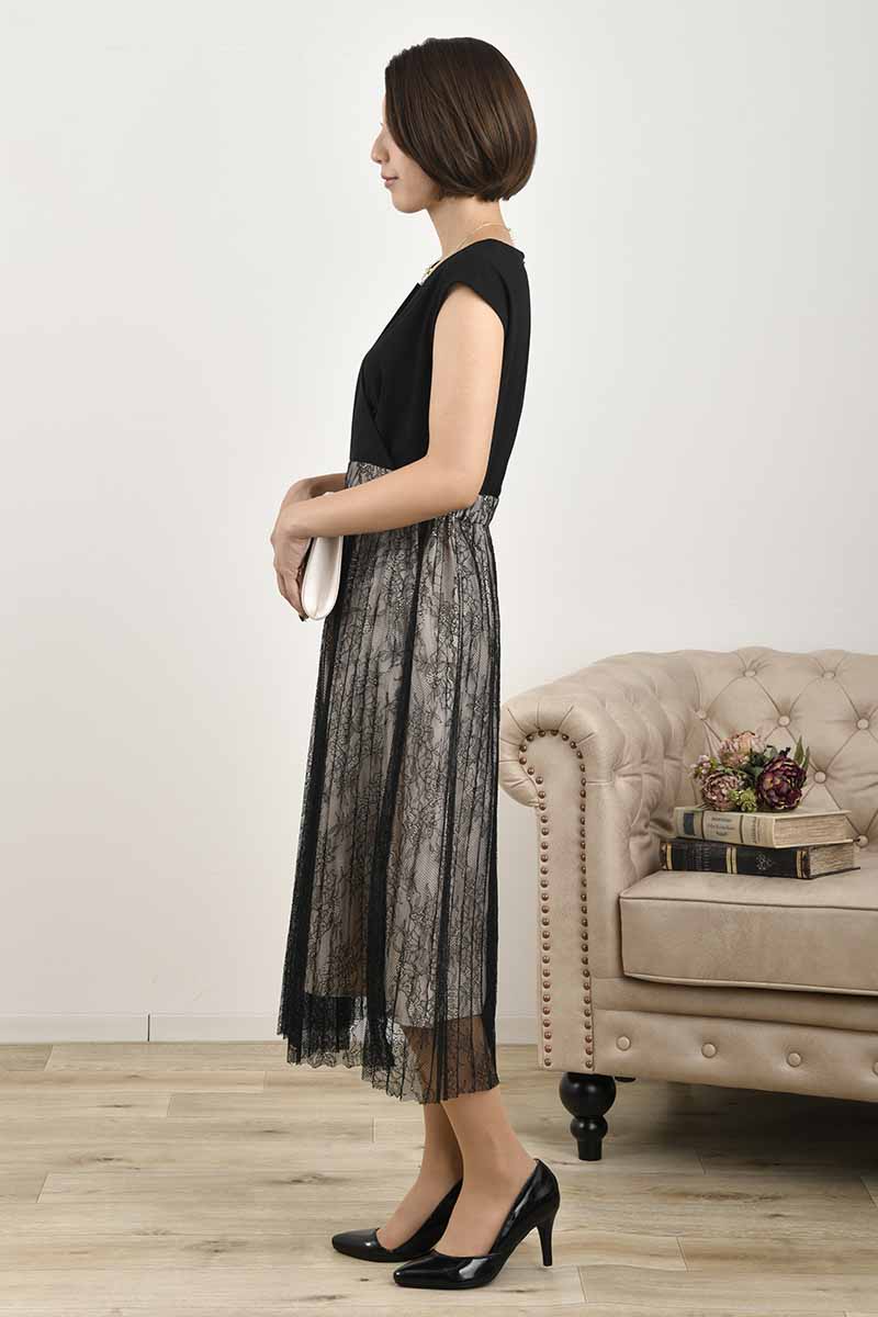 ブラックのレースプリーツVネックドレスコーディネートセット