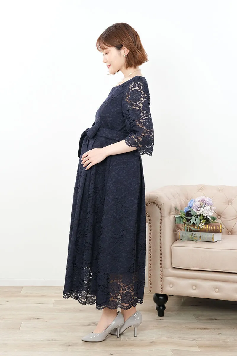 ネイビーの授乳口付きマタニティドレス