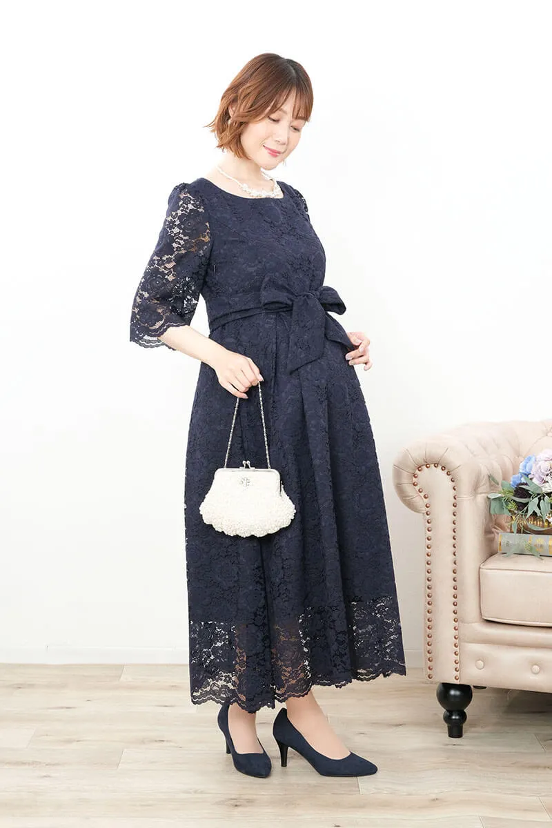 ネイビーの授乳口付きマタニティドレス