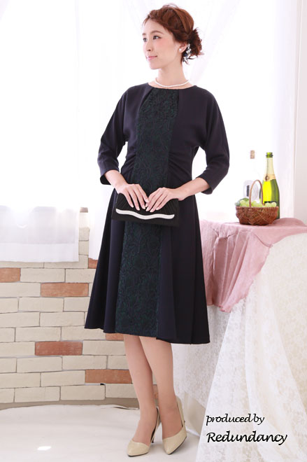 ロイヤルパープル×ダークグリーンのレース切替ドレス