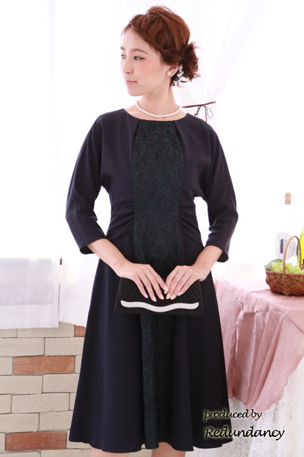 ロイヤルパープル×ダークグリーンのレース切替ドレス