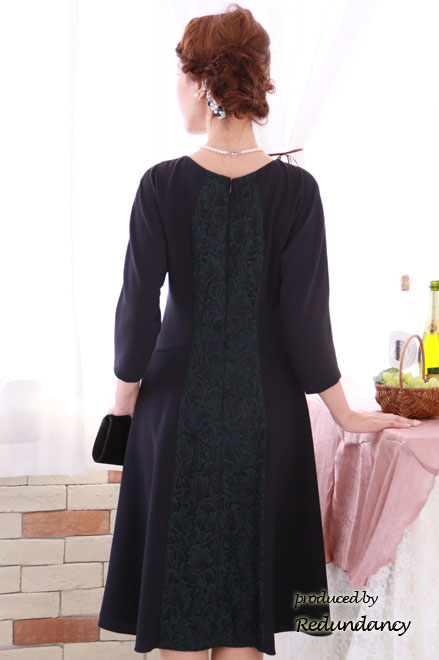 ロイヤルパープル×ダークグリーンのレース切替ドレス