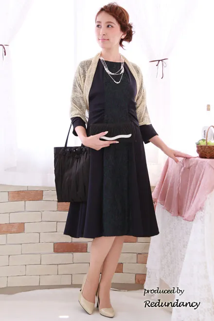 ロイヤルパープル×ダークグリーンのレース切替ドレス