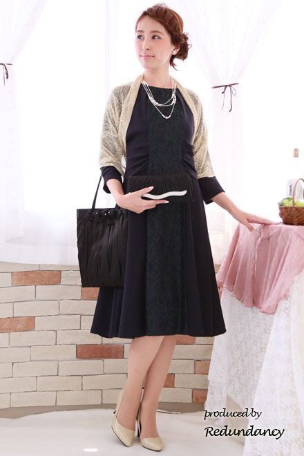 ロイヤルパープル×ダークグリーンのレース切替ドレス