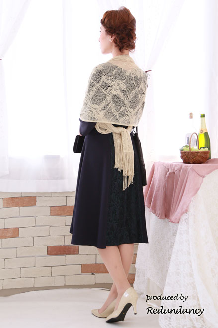 ロイヤルパープル×ダークグリーンのレース切替ドレス