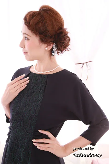 ロイヤルパープル×ダークグリーンのレース切替ドレス