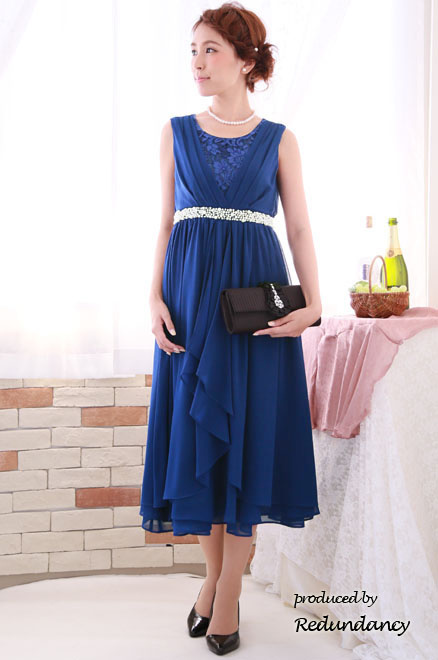 ロイヤルブルーのウエストビジューラッフルドレス