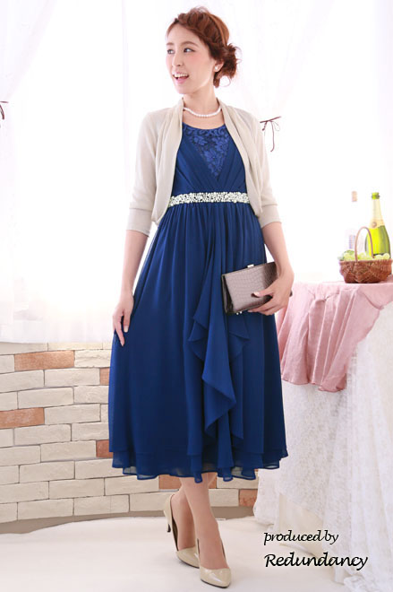 ロイヤルブルーのウエストビジューラッフルドレス