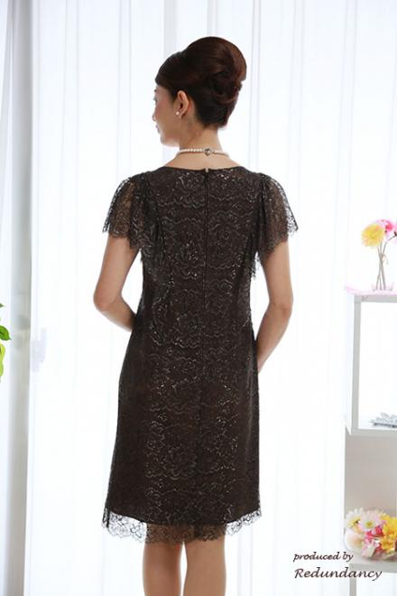 ブラウンの膝丈ラメレースドレス