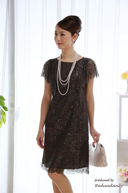 ブラウンの膝丈ラメレースドレス