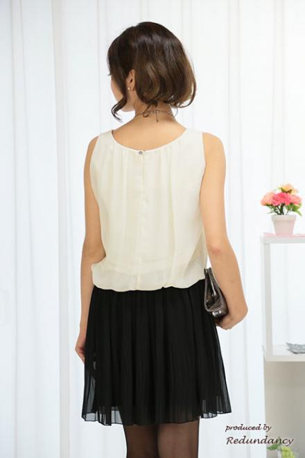 ホワイト×ブラックの切替ビジューミニ丈ドレス