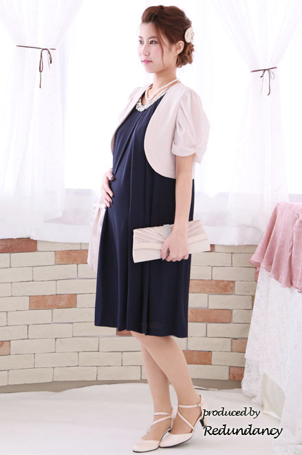 ネイビーのパールビジュー付きウエストリボンドレス