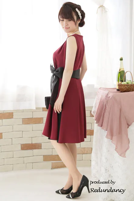 ワインレッド×ブラックの配色Aラインドレスコーディネートセット
