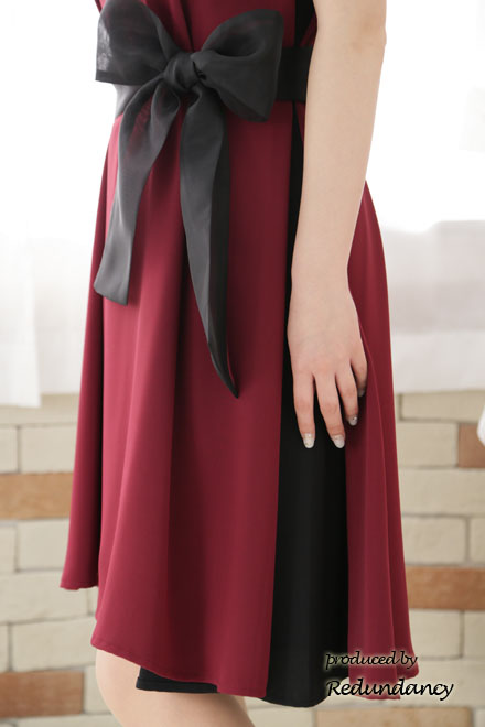 ワインレッド×ブラックの配色Aラインドレスコーディネートセット