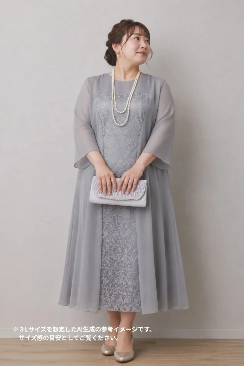 シルバー刺繍入りロングドレス シルバーのラメ刺繍シフォン切替ロングドレス[3L] PREFERENCEの