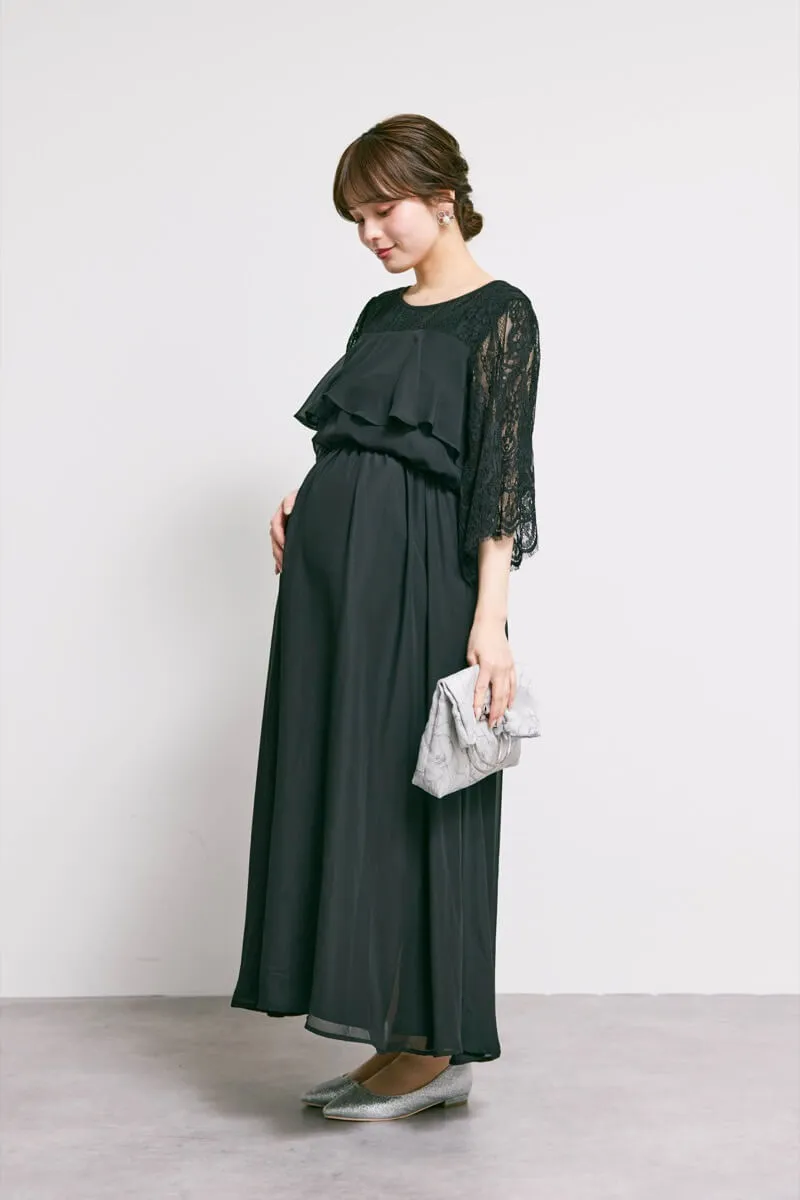 ブラックの授乳口付きフレアレーススリーブドレス