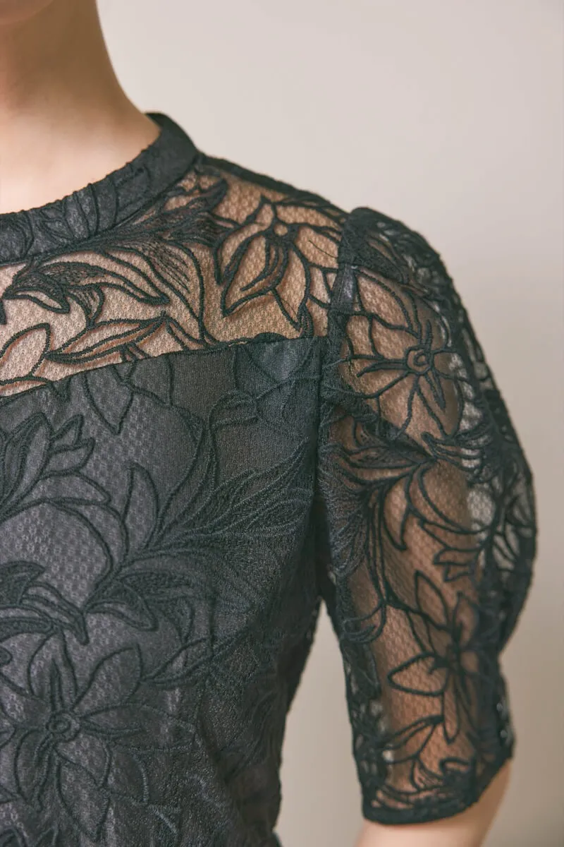 ブラックのフラワーエンブロイダリースタンドネックドレス