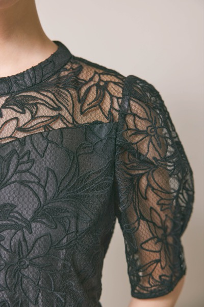 ブラックのフラワーエンブロイダリースタンドネックドレス