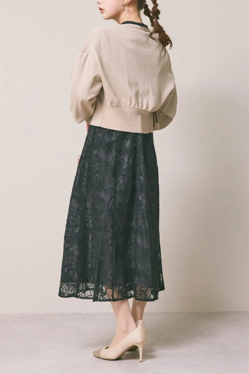 ブラックのフラワーエンブロイダリースタンドネックドレス