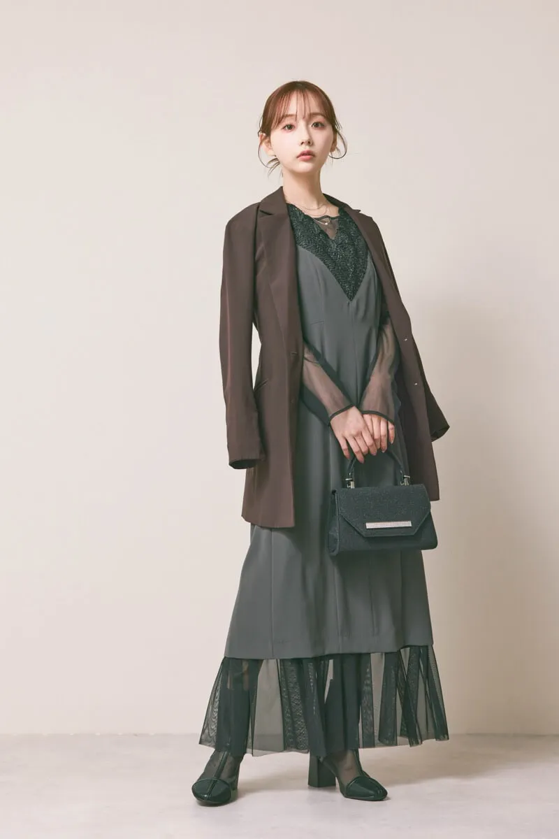 グレーのレースVネックレイヤードドレス