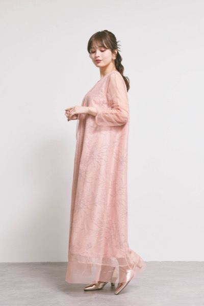 オレンジのシアーペタルレイヤードドレス