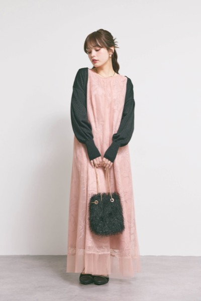 オレンジのシアーペタルレイヤードドレス