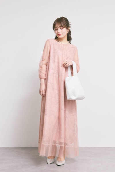 オレンジのシアーペタルレイヤードドレス